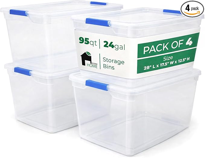 EconoHome Clear Storage Box - 95 Qt/24 Gallon Clear Plastic Storage Bins with Lids 4 Pack - Lidded Stackable Organizer Bins for Organization - Heavy-Duty Tote for Organizing at Home, Office, or Garage