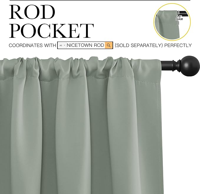 NICETOWN Window Curtains Blackout Drapes - Thermal Insulated Solid Rod Pocket Blackout Curtains/Draperies for Living Room (Greyish Green, One Pair, 42 by 63-Inch)