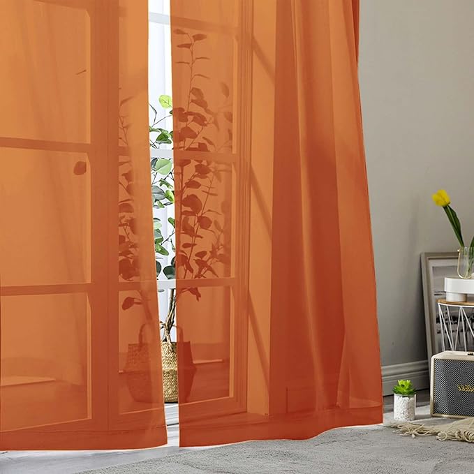 Sheer Orange Curtains for Bedroom Living Room 63 Inch Length 2 Panels, Airy Soft Light Filtering Sheer Dining Room Curtains, Modern Rod Pocket Drapes, Orange, Each 42" Wx63 L Inches