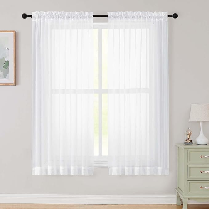 White Sheer Curtains 63 Inch Length 2 Panels Set for Living Room Bedroom, Airy Soft Light Filtering Sheer Dining Room Curtains, Modern Rod Pocket Drapes, White, Each 42" Wx63 L