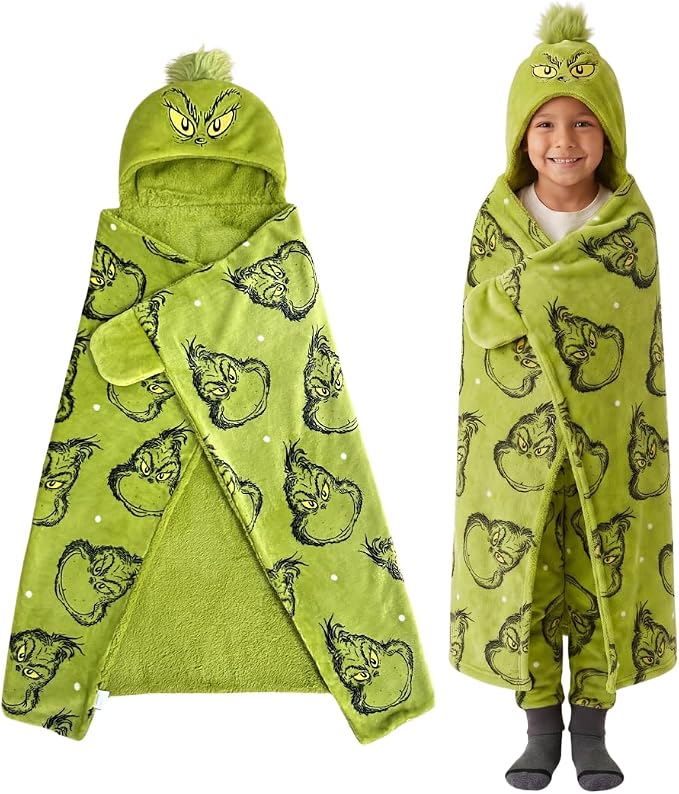 Grinch by Dr. Seuss Hooded Throw - Kids Christmas Bedding Super Soft Throw Blanket - 40 in x 50 in, (Officially Licensed Product) by Franco