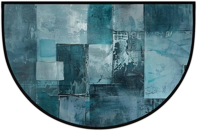 Pardick Half Round Door Mat Turquoise Grey Abstract Anti-Slip Semi Circle Rug 24X36 Indoor Door Mat Half Moon Bath Mat, Washable Decorative Floor Mat for Kitchen Bathroom Hearth Fireplace
