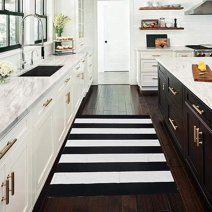 CAINANEL Black and White Striped Outdoor Rug 27.5X 43 inches Front Door Mat Hand-Woven Cotton Indoor/Outdoor for Layered Mats,Welcome Mat, Porch,Farmhouse,Kitchen,Entry Way