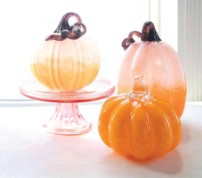 Boston International Handblown Art Glass Pumpkin Thanksgiving Halloween Decorations for Home, Small, Ombre Pink & Orange
