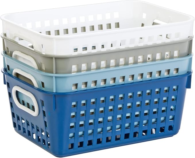 Really Good Stuff Medium Plastic Book Baskets, 11" x 7.5" x 4.5", 4-Pack | Cool & Calm Group Colors, Versatile Storage Solution for Classroom, Home, & Office, Storage, Multi-Purpose