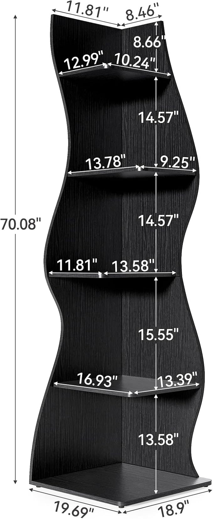 LITTLE TREE Small Corner Shelf, Modern 5-Tier Wall Wavy Corner Bookshelf | Stylish Bookcase Storage Rack for Small Space, Living Room, Bedroom, Black