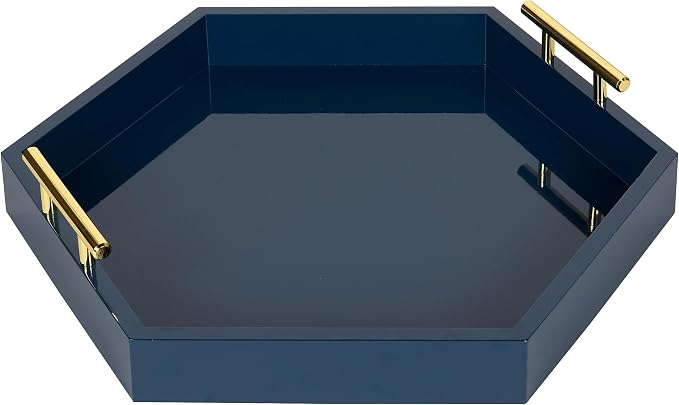 Kate and Laurel Lipton Hexagon Decorative Tray with Polished Metal Handles, Navy Blue and Gold