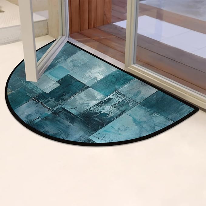 Pardick Half Round Door Mat Turquoise Grey Abstract Anti-Slip Semi Circle Rug 24X36 Indoor Door Mat Half Moon Bath Mat, Washable Decorative Floor Mat for Kitchen Bathroom Hearth Fireplace
