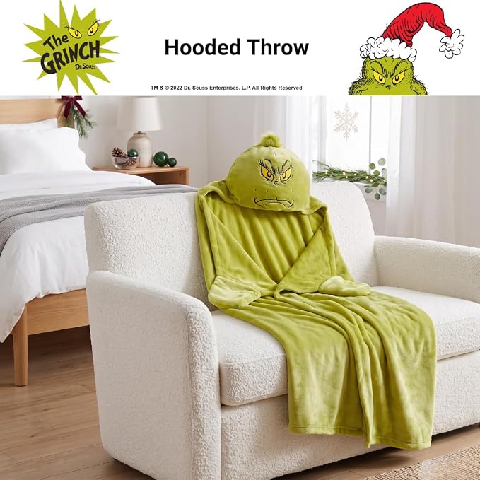 Grinch by Dr. Seuss Hooded Throw - Kids Christmas Bedding Super Soft Throw Blanket - 30 in x 50 in, (Officially Licensed Product) by Franco