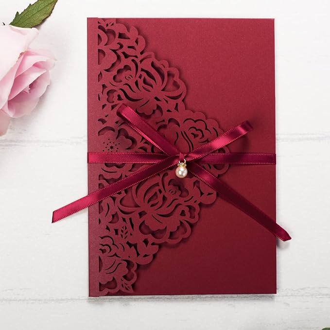 50PCS Burgundy Customized Wedding Invitation with Envelopes Laser Cut Hollow Flora Pocket with Ribbon Invitations for Wedding Engagement Quincenera Invites