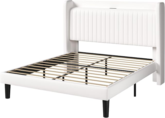 Allewie Queen Size Platform Bed Frame with USB Charging Station and Storage Shelf/Upholstered Velvet Wingback Headboard/Wooden Slats Support/No Box Spring Needed/Easy Assembly, White