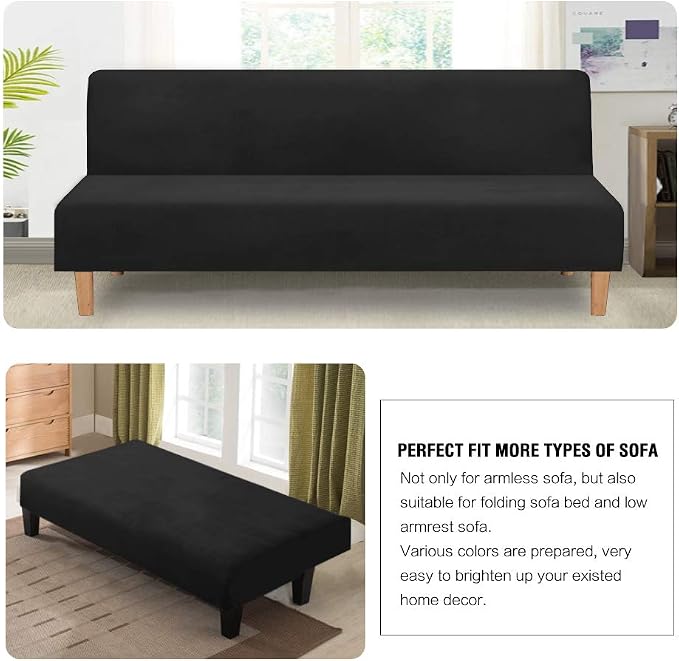 H.VERSAILTEX Velvet Futon Cover Armless Sofa Covers Sofa Bed Covers Stretch Futon Couch Cover Sofa Slipcover Furniture Protector Thick Soft Form Fitted Stay in Place, Black