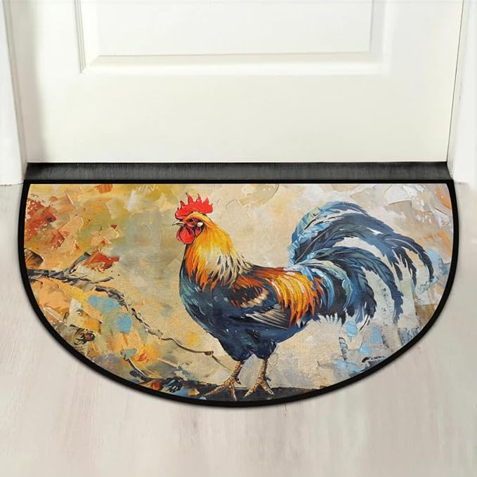 Pardick Rooster Farm Animal Anti-Slip Semi Circle Rug 24X36 Decorative Floor Mat for Kitchen Bathroom Hearth Fireplace
