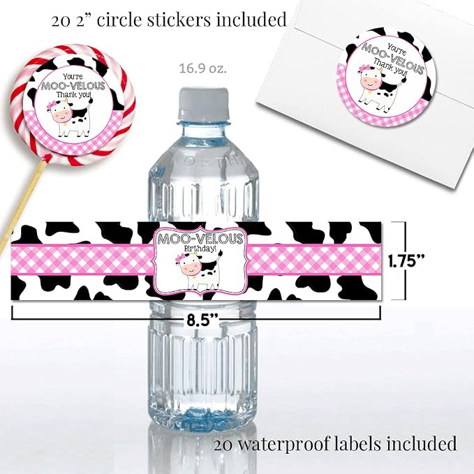 Amanda Creation Deluxe Heard the Moos Pink Cow Birthday Party Bundle Includes 20 Invitations & Thank You Cards with Envelopes + Stickers, Mini Candy Bar Wrappers, & Water Bottle Labels!