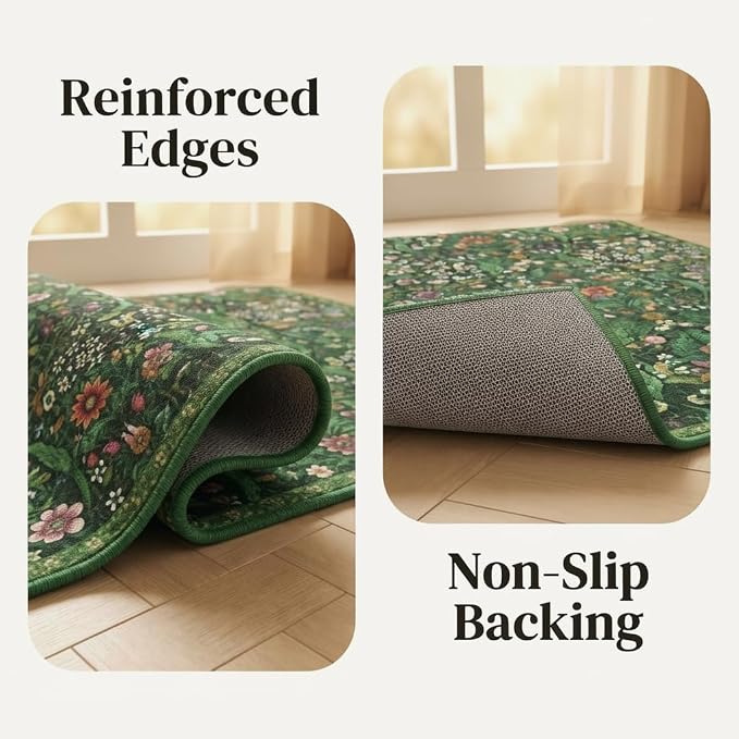 Dark Green Boho Rug 5x7, Living Room Vintage Non-Slip Rugs, Washable Floral Rug, Non-Slip Botanical Carpet for Bedroom Stain Resistant for Dining Room, Office, Home Decor