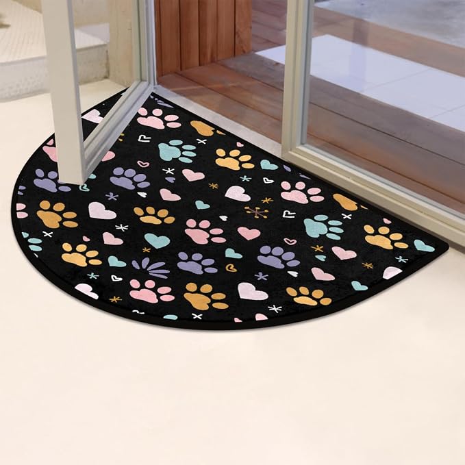 Pardick Half Round Doormat Semi Circle Rug Cute Color Paw Prints Non Slip Indoor Outdoor Entrance Half Moon Rug Absorbent Durable Washable Front Floor Mat for Kitchen Bathroom Patio Fireplace