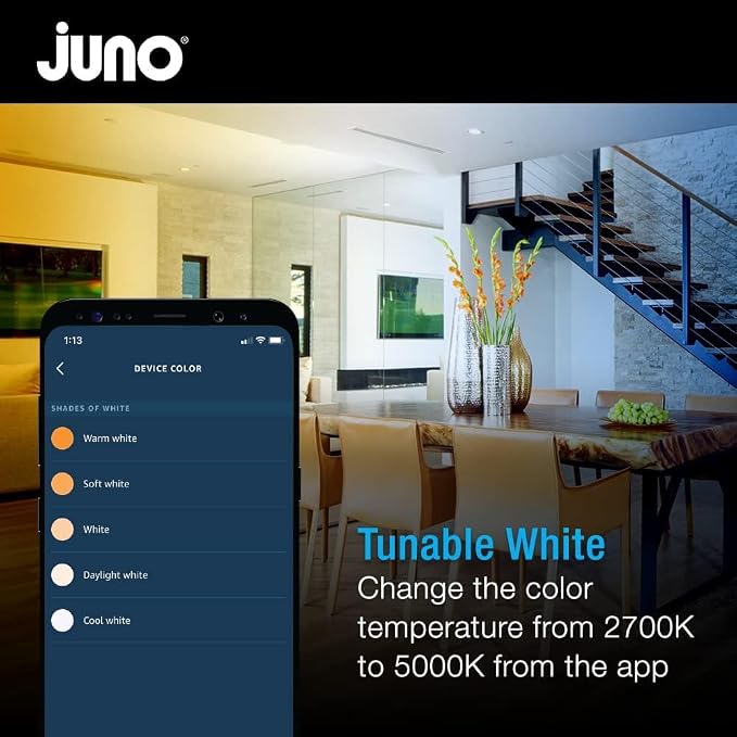 Juno WF6C REG TUWH MW M6 Smart LED Wafer Downlight, 2700K-5000K Tunable White, Dimmable, Zigbee or Bluetooth Connection, Use with Alexa, Google Home, SmartThings, Regressed, 6 Inch, Matte White
