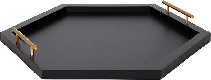 Kate and Laurel Halsey Hexagon Decorative Wooden Tray with Polished Metal Handles; 22 x 19; Black and Gold; Modern Glam Wood Hexagon Serving Tray for Display or Decoration