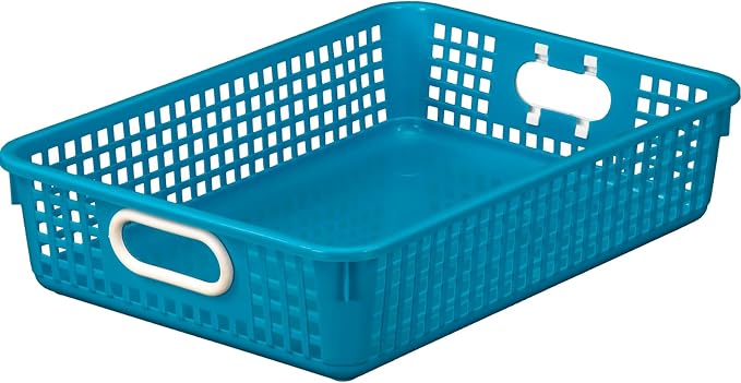 Really Good Stuff Multi-Purpose Small Desktop Paper Storage Baskets | 14" x 10" x 3.25", Set of 4, Neon Group Colors, Classroom Organization, Stackable Mesh Plastic Baskets with Grip Handles