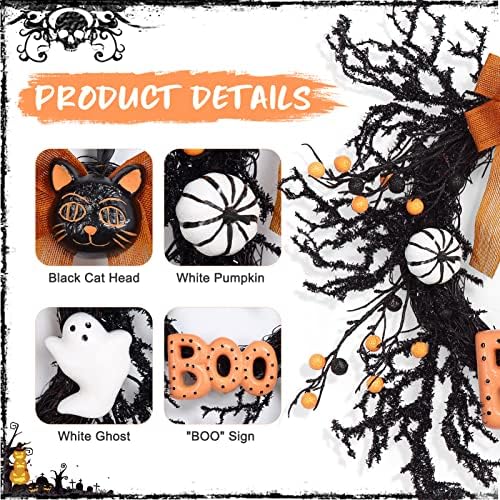 Takywep 18 Inch Halloween Wreath with Black Cat Ghost Pumpkin and Boo Sign, Spooky Halloween Door Decoration for Front Door Porch Wall Mantel Indoor Outdoor Party - Image 3