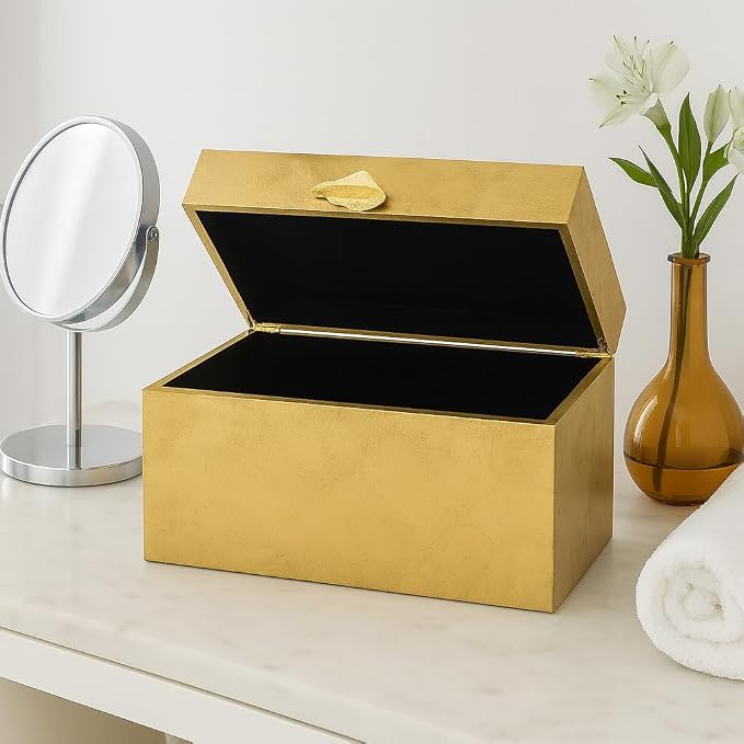 Vintiquewise Set of 2 Decorative Wooden Storage Boxes with Gold Accent – Boxes for Keys, Jewelry, Makeup, Accessories, Crafts, Gadgets, Home Office, Living Room, Bedroom & Entryway Décor, Gold