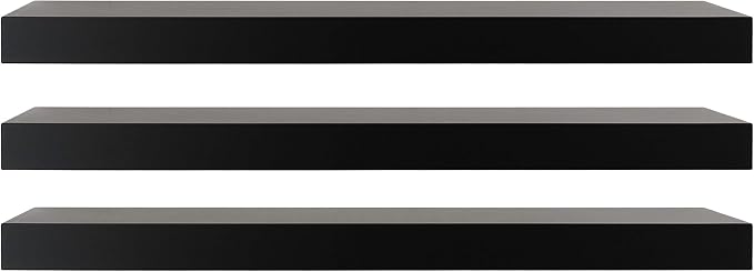 Kiera Grace Set of Three Maine Simple & Classic Decorative Engineered Wood Floating Wall Shelves for Home, Room, & Office, 24" L x 4.75" W x 3" H, Black