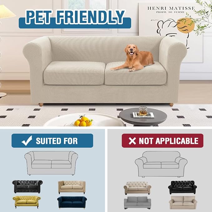 H.VERSAILTEX 3 Piece Loveseat Cover Stretch Chesterfield Loveseat Covers for 2 Cushion Couch Non Slip Mid Century Deep Seat Couch Cover Washable, Thicker Jacquard Fabric(Medium Sofa, Island Fossi)