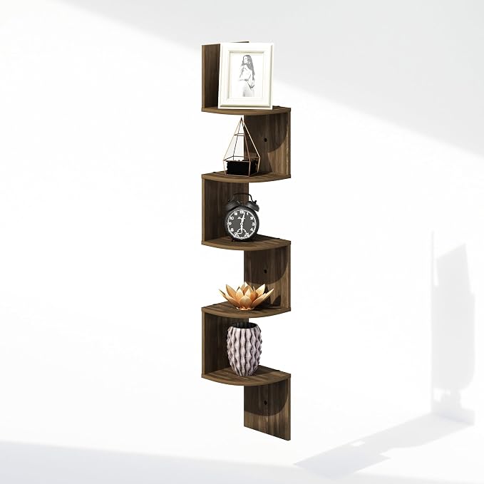 Furinno Rossi 5-Tier Floating Corner Shelf for Wall, Corner Zigzag Shelf Wall Mounted, Radial Wall Mount Shelves, for Home Office, Living Room, Bedroom, Bathroom, Columbia Walnut