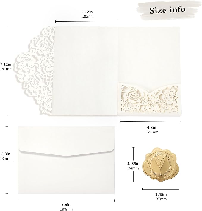 DORIS HOME Laser Cut Wedding Invitation Pockets, Ivory White, 5"x7" | 50pcs, With Envelopes, For Wedding & Anniversary, No Inserts Included