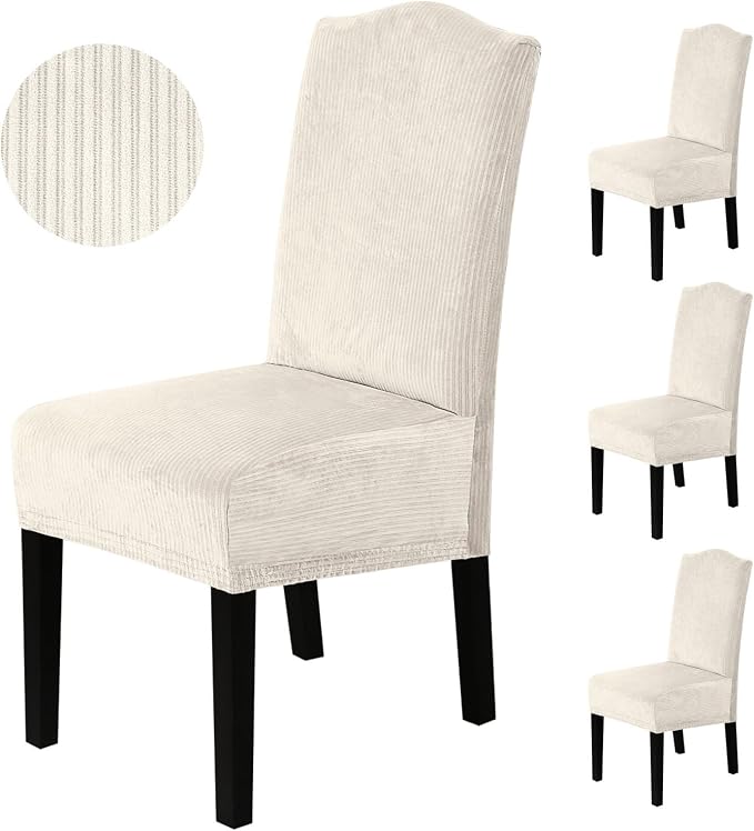 H.VERSAILTEX Velvet Dining Chair Covers Stretch Chair Covers for Dining Room Set of 4 Parson Chair Slipcovers Chair Protectors Covers Dining, Soft Thick Solid Velvet Fabric Washable, Ivory Striped