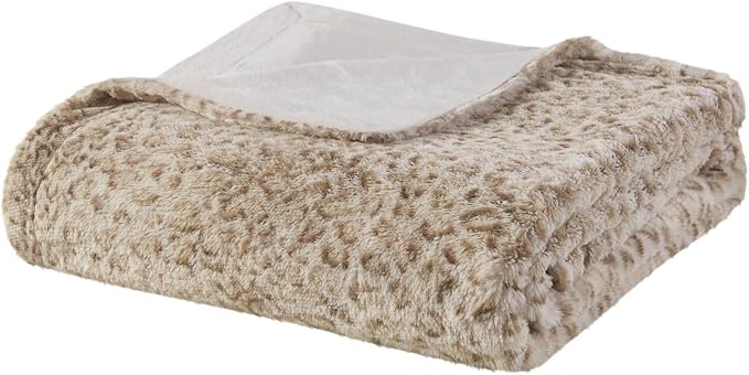 Madison Park Zuri Faux Fur Reversible Throw Blanket, 50 x 60 in, Leopard | Oversized Soft Plush, Luxury, Animal Stripes, Mink Reverse, Modern, All Season, for Bed Sofa Couch, OEKO-TEX Certified
