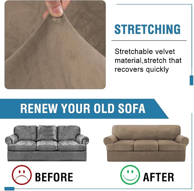 Sofa Cover 4 Piece T Cushion Sofa Slipcovers Thick Velvet Couch Cover Furniture Protector Stretch Sofa Covers for 3 Cushion Couch with 3 Individual T Cushion Covers Washable, Camel