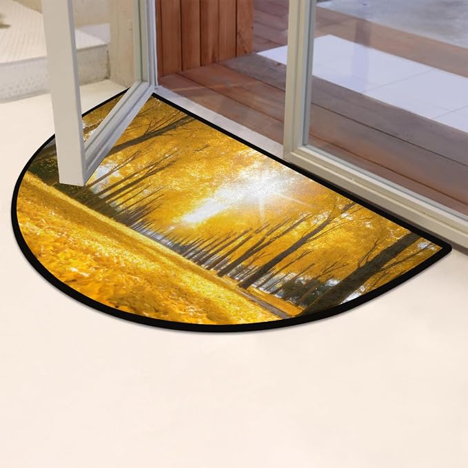 Autumn Half Round Doormat Non-Slip Semi Circle Rug Half Moon Mat | Yellow Tree Washable Soft Absorbent Indoor Outdoor Entrance Kitchen Bathroom Sink Patio Welcome Fireplace Floor Rug