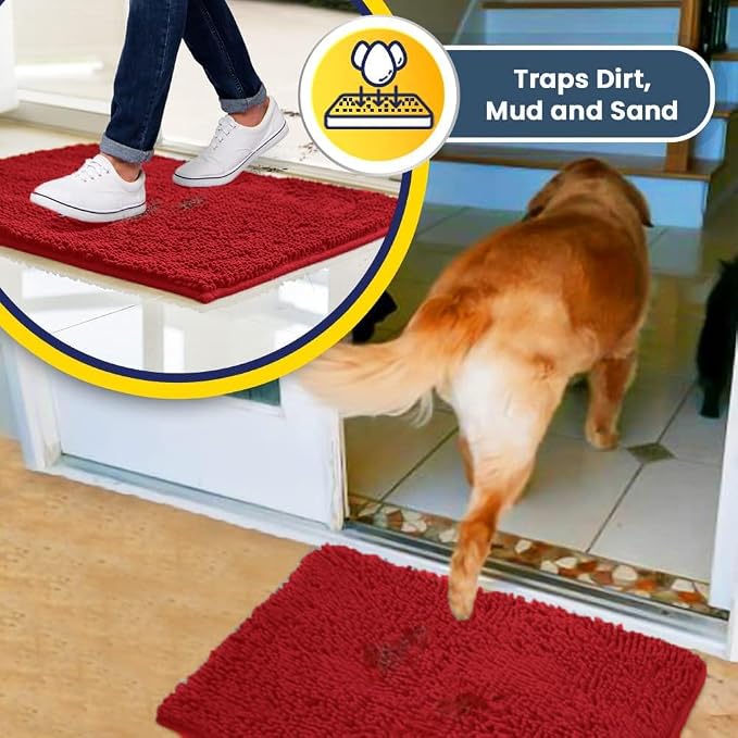 Muddy Mat® | Super Water Absorbent Door Mat Indoor, Microfiber Quick Dry Chenille Entryway Rug, Slip Resistant Front Door Mat, Indoor Mats for Entryway, Machine Washable Pet Rug, Red 48"x72"