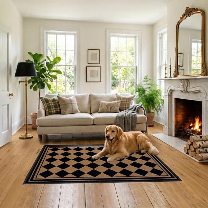 Checkered Rug 3x5, Washable Non-Slip Checkerboard Rug, Black and Tan Diamond Neutral Farmhouse Style Mat for Entryway, Kitchen, Laundry Room, Patio, Porch