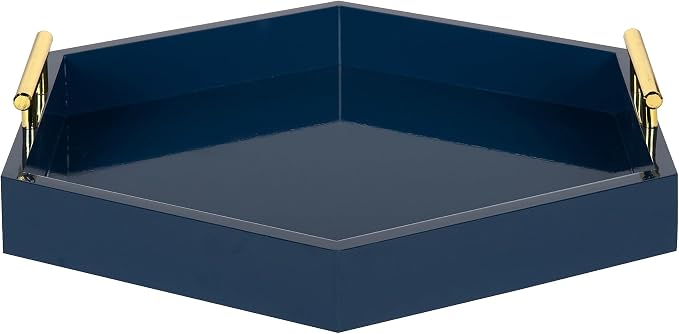 Kate and Laurel Lipton Hexagon Decorative Tray with Polished Metal Handles, Navy Blue and Gold