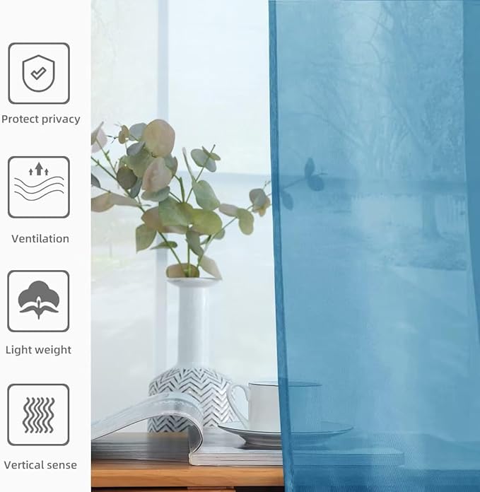 youleyar Solid Sheer Rod Pocket Curtain Voile Draperies 2 Panels White Beige Black Grey Ivory 52 Inch Width 72 Inch Long 1 Pair for Kitchen Bedroom Children Living Room Yard (Blue,52Wｘ72L)
