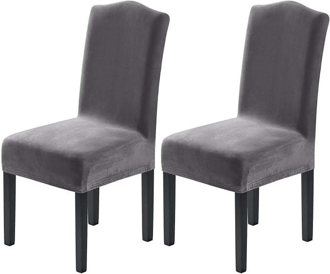 H.VERSAILTEX Velvet Dining Chair Covers Stretch Chair Covers for Dining Room Set of 2 Parson Chair Slipcovers Chair Protectors Covers Dining, Soft Thick Solid Velvet Fabric Washable,Grey