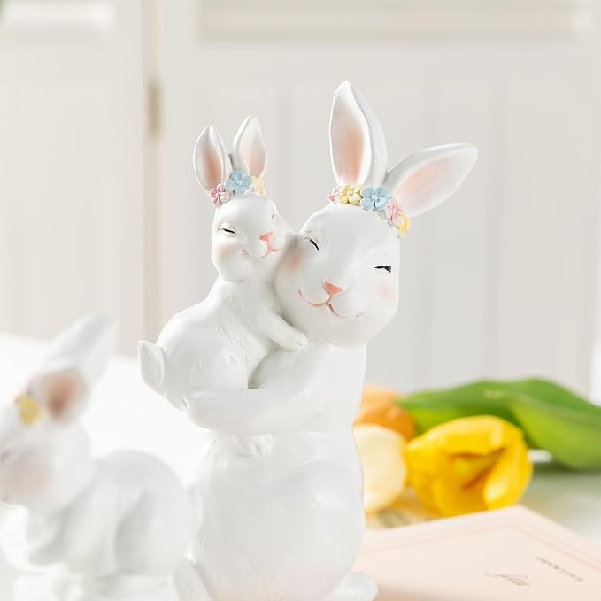 Glitzhome Easter Decorations Bunny Figurine, Set of 2 Resin Mother and Baby Rabbit Tabletop Centerpiece for Spring Home Indoor & Outdoor Decor