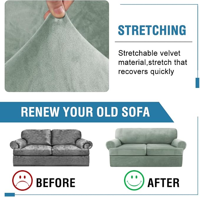 H.VERSAILTEX Sofa Cover 3 Piece T Cushion Sofa Slipcovers Thick Velvet Couch Cover Stretch T Cushion Sofa Covers for 2 Cushion Couch with 2 Individual T Cushion Covers Washable, Sea Grass