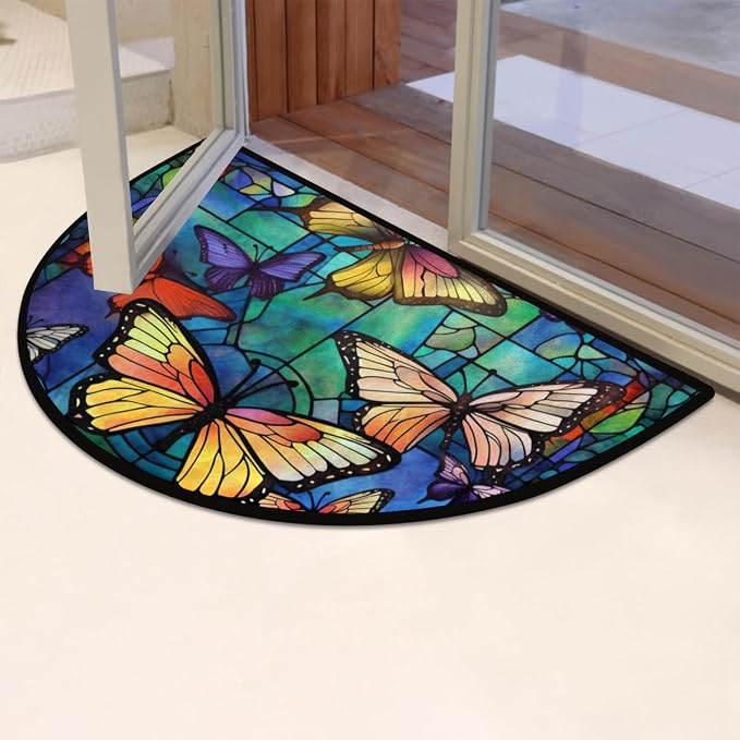 Half Round Door Mat Butterflies Portuguese Intdoor Entrance 36x24 Inch, Non-Slip Welcome Mat for Outdoor Semi Circle Bathroom Floor Rugs,House Entry Way Heavy Duty Doormat for Kitchen Living Room