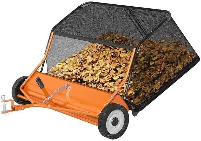 Tow Behind Lawn Sweeper, 44" Pull Behind Collector – Large Capacity Leaf & Grass Collector with Adjustable Height, Dumping Rope Design for Debris and Lawn Clippings