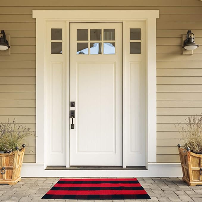 uxcell Buffalo Check Rug,Plaid Outdoor Rug,Layered Door Mat,Cotton Gingham Rugs,Floor Mat for Front Porch/Runner/Bedroom/Kitchen/Farmhouse 35"x24" Red & Black
