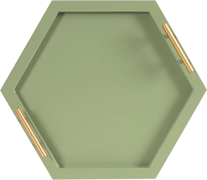 Kate and Laurel Halsey Decorative Hexagon Tray with Gold Metal Handles; 18 x 16; Green and Gold; Modern Glam Serving Tray with Handles for Living Room Decor