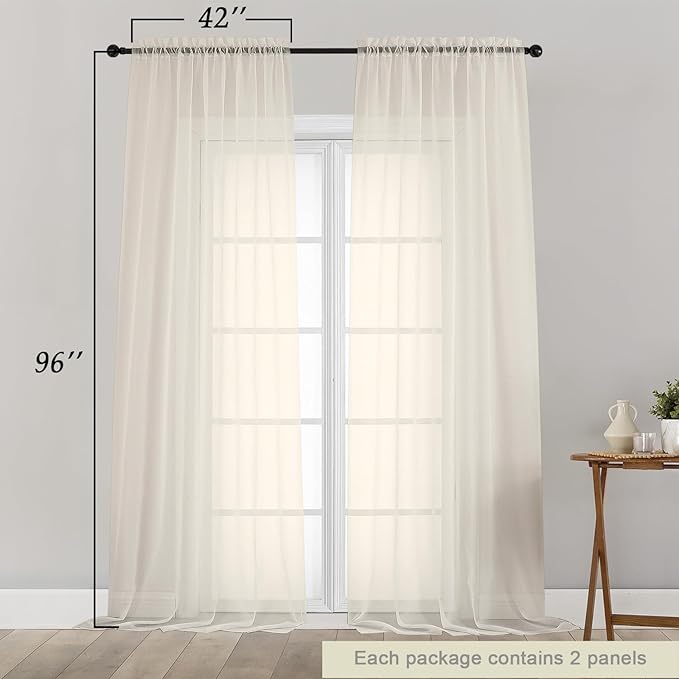 Cream Sheer Curtains for Bedroom Living Room 96 Inches Long 2 Panels, Modern - Image 2
