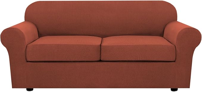 H.VERSAILTEX 3 Piece Stretch Sofa Covers for 2 Cushion Sofa Couch Covers for Living Room Sofa Slipcovers (Base Cover Plus 2 Seat Cushion Covers) Thicker Jacquard Fabric(Large Sofa, Rust)