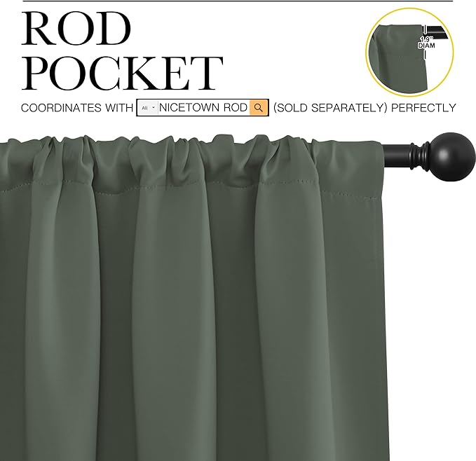 NICETOWN Bedroom Curtains Blackout Draperies - All Season Thermal Insulated Solid Rod Pocket Top Blackout Curtains/Drapes for Kid's Room (Dark Mallard, 1 Pair, 34 x 40 Inch)