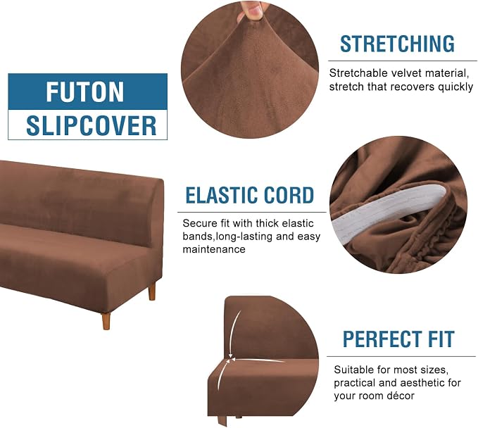 H.VERSAILTEX Real Velvet Futon Cover Armless Sofa Covers Sofa Bed Covers Stretch Futon Couch Cover Sofa Slipcover Furniture Protector Thick Soft Velvet Fabric Form Fitted Stay in Place, Caramel Cafe