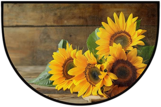 cfpolar Half Round Door Mat Wood Sunflower Flower Floral Non-Slip Semi Circle Area Rug Washable Half Moon Hearth Rugs for Indoor Outdoor Bathroom Kitchen Patio Runner Mat Laundry Room Home Decoration