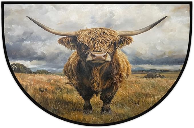 Half Round Door Mat Animal Highland Cow Anti-Slip Semi Circle Rug 24X36 Indoor Door Mat Half Moon Bath Mats, Washable Decorative Welcome Floor Mats for Kitchen Bathroom Hearth Fireplace,A-1208